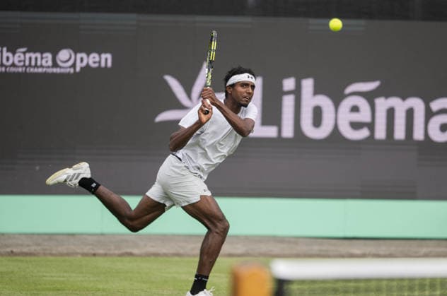 S-HERTOGENBOSCH, NETHERLANDS - JUNE 08: Elias Ymer of Sweden returns the ball with a backhand shot against Ugo Humbert of France during their ATP, Tennis Herren Singles First Round match at the LibÃ ma Open on June 8, 2026 at Autotron s-Hertogenbosch in s-Hertogenbosch, Netherlands. Credit: Andy Astfalck NurPhoto Netherlands Copyright: xAndyxAstfalckx