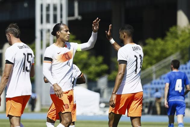 NEW YORK - (lr) Virgil van Dijk of the Netherlands and Cody Gakpo of the Netherlands celebrate the 1-0 during the friendly match between the Netherlands and Uzbekistan at Icahn Stadium on June 8, 2026, in New York, United States. The Dutch national team, Nationalteam is preparing for the World Cup. KOEN VAN WEEL ANP International Friendly, Länderspiel, Nationalmannschaft 2026 xVIxANPxSportx xxANPxIVx 560512481 originalFilename: 560512481.jpg