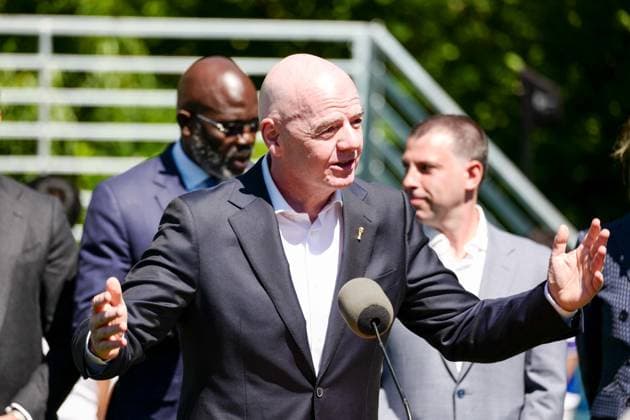 New York, NY- June 8: Governor Hochul and Mayor Mamdani make a World Cup FIFA announcement of a free watch party in Central Park for the FIFA World Cup, WM, Weltmeisterschaft, Fussball 2026 Final on Sunday, July 19. With FIFA President Gianni Infantino, George Weah on June 8, 20267 Credit: AdMedia FIFA 2026 press conference, PK, Pressekonferenz