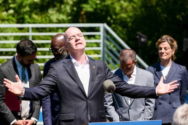 New York, NY- June 8: Governor Hochul and Mayor Mamdani make a World Cup FIFA announcement of a free watch party in Central Park for the FIFA World Cup, WM, Weltmeisterschaft, Fussball 2026 Final on Sunday, July 19. With FIFA President Gianni Infantino, George Weah on June 8, 20267 Credit: AdMedia FIFA 2026 press conference, PK, Pressekonferenz *** New York, NY June 8 Governor Hochul and Mayor Mamdani make a World Cup FIFA announcement of a free watch party in Central Park for the FIFA World Cup 2026 Final on Sunday, July 19 With FIFA President Gianni Infantino, George Weah on June 8, 20267 Credit AdMedia FIFA 2026 Press Conference  - ZUMAa123 20260608_zaa_a123_291 Copyright: xCamaraxPorterx