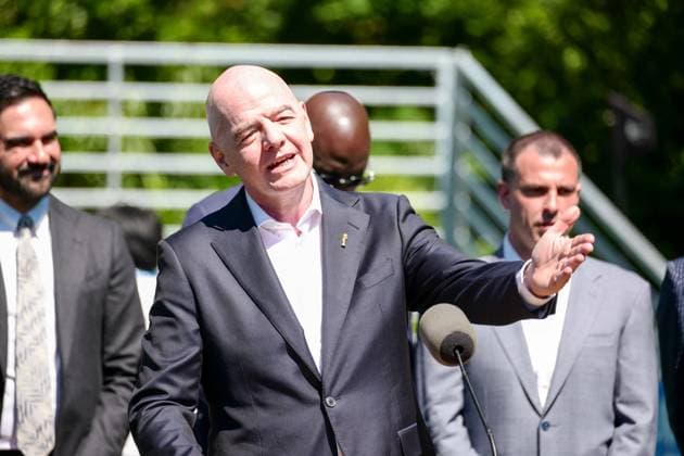 New York, NY- June 8: Governor Hochul and Mayor Mamdani make a World Cup FIFA announcement of a free watch party in Central Park for the FIFA World Cup, WM, Weltmeisterschaft, Fussball 2026 Final on Sunday, July 19. With FIFA President Gianni Infantino, George Weah on June 8, 20267 Credit: AdMedia FIFA 2026 press conference, PK, Pressekonferenz