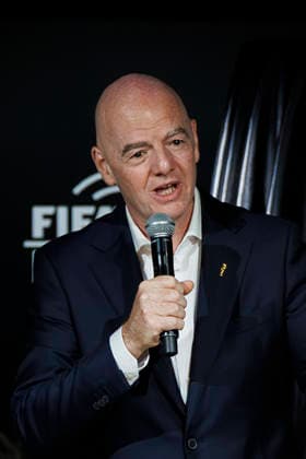 FIFA President Gianni Infantino speaks during the opening of the Legacies of Champions exhibition at Rockefeller Center in New York, in New York, United States, 08 June 2026. The exhibition traces every World Cup since Uruguay 1930 through original artifacts, such as historic uniforms and balls, photographs, sticker albums, and memorabilia from the tournament s most iconic teams and players. FIFA and Hyundai bring the history of the World Cup to Rockefeller Center in New York !ACHTUNG: NUR REDAKTIONELLE NUTZUNG!  Copyright: xAlfonsoxLozanox AME9854 20260608-55020539070_1