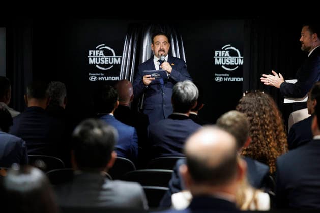 Marco Fazzone, Director General of the FIFA Museum, speaks during the opening of the Legacies of Champions exhibition at Rockefeller Center in New York, in New York, United States, 08 June 2026. The exhibition traces every World Cup since Uruguay 1930 through original artifacts, such as historic uniforms and balls, photographs, sticker albums, and memorabilia from the tournament s most iconic teams and players. FIFA and Hyundai bring the history of the World Cup to Rockefeller Center in New York !ACHTUNG: NUR REDAKTIONELLE NUTZUNG!  Copyright: xAlfonsoxLozanox AME9859 20260608-55020539072_1