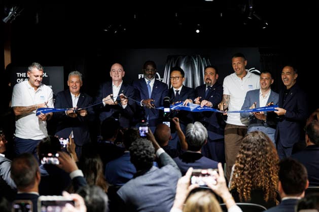 From left to right, Christian Vieri, Roberto Baggio, FIFA President Gianni Infantino, George Weah, Hyundai Motor Company Chief Marketing Officer Sungwon Jee, FIFA Museum Director General Marco Fazzone, Marco Materazzi, and Youri Djorkaeff (right) attend the opening of the Legacies of Champions exhibition at Rockefeller Center in New York, in New York, United States, 08 June 2026. The exhibition traces every World Cup since Uruguay 1930 through original artifacts, such as historic uniforms and balls, photographs, sticker albums, and memorabilia from the tournament s most iconic teams and players. FIFA and Hyundai bring the history of the World Cup to Rockefeller Center in New York !ACHTUNG: NUR REDAKTIONELLE NUTZUNG!  Copyright: xAlfonsoxLozanox AME9873 20260608-55020539077_1