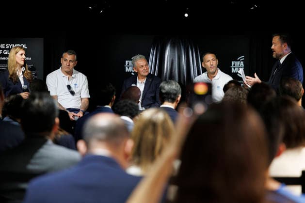 Former soccer players Christian Vieri (L), Roberto Baggio (C), and Marco Materazzi chat during the opening of the Legacies of Champions exhibition at Rockefeller Center in New York, in New York, United States, 08 June 2026. The exhibition traces every World Cup since Uruguay 1930 through original artifacts, such as historic uniforms and balls, photographs, sticker albums, and memorabilia from the tournament s most iconic teams and players. FIFA and Hyundai bring the history of the World Cup to Rockefeller Center in New York !ACHTUNG: NUR REDAKTIONELLE NUTZUNG!  Copyright: xAlfonsoxLozanox AME9863 20260609-55020539354_1