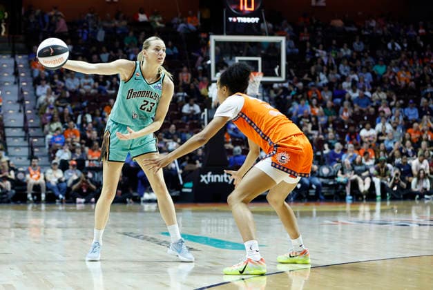 UNCASVILLE, CT - JUNE 08: Marine Johannes 23 of the New York Liberty makes a pass while defended by Leila Lacan 47 of the Connecticut Sun during the WNBA, Basketball Damen, USA Commissioner s Cup game between New York Liberty and Connecticut Sun on June 8, 2026, at Mohegan Sun Arena in Uncasville, CT. (Photo by M. Anthony Nesmith Icon Sportswire) WNBA: JUN 08 New York Liberty at Connecticut Sun EDITORIAL USE ONLY Icon26060824