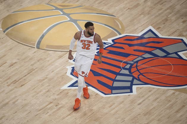 New York Knicks v San Antonio Spurs - NBA, Basketball Herren, USA Finals NEW YORK, UNITED STATES - JUNE 8: Karl-Anthony Towns (32) of the New York Knicks gestures during the National Basketball Association (NBA) finals game between the New York Knicks and San Antonio Spurs at the Madison Square Garden in New York, United States on June 8, 2026. Celal Gunes Anadolu New York United States. Editorial use only. Please get in touch for any other usage.  Copyright: x2026xAnadoluxCelalxGunesx