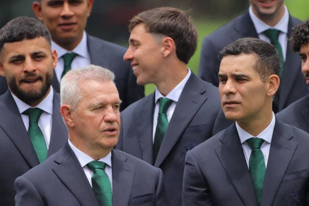 Flag-Raising Ceremony For Mexican National Soccer Team Javier Aguirre Head Coach of Mexican national soccer team accompanied by Rafael Marquez during the flag-raising ceremony at the High-Performance Center (CAR) before the 2026 FIFA World Cup, WM, Weltmeisterschaft, Fussball Group A match between Mexico and South Africa. on June 8, 2026 in Mexico City, Mexico. Mexico City CDMX Mexico Copyright: xCarlosxSantiagox