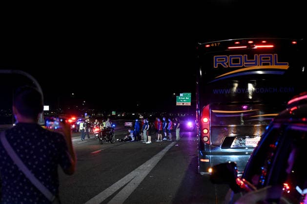 Motorcycle police officer escorting Turkish national team, Nationalteam involved in crash MESA, ARIZONA, US - JUNE 8: A motorcycle police officer receives first aid on a highway after being slightly injured in a crash while escorting the Turkiye National Football Team convoy from training facilities to the hotel, as police stop traffic and emergency crews respond in Mesa, Arizona, US, on June 8, 2026. Tayfun Coskun Anadolu Arizona United States. Editorial use only. Please get in touch for any other usage.  Copyright: x2026xAnadoluxTayfunxCoskunx