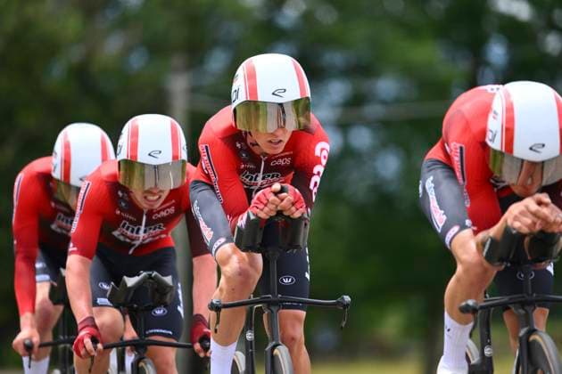 Tour Auvergne - Rhone-Alpes 2026 Stage 3 PERREUX, FRANCE - JUNE 09 : Zimmermann Georg (GER) of Lotto Intermarche, Braet Vito (BEL) of Lotto Intermarche, Craps Lars (BEL) of Lotto Intermarche, Fox Matthew (AUS) of Lotto Intermarche, Kockelmann Mathieu (LUX) of Lotto Intermarche, Veistroffer Baptiste (FRA) of Lotto Intermarche during stage 3 of the 78th edition of Tour Auvergne - Rhone-Alpes an UCI World Tour 2.UWT Team Time Trial stage for Men Elite of 28.4 km with start in Perreux and finish in Perreux on June 9, 2026 in Perreux, France, 09 06 2026 ( Motordriver Guy De Vuyst - Perreux France  Copyright: xVincentxKalutx