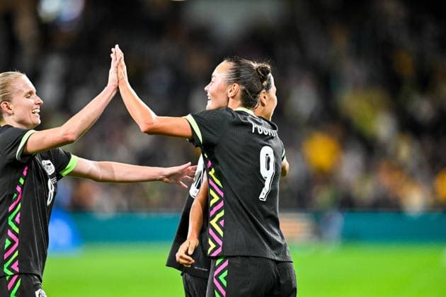 SYDNEY, AUSTRALIA - June 9: Caitlin Foord (9 Australia) scores during the Sydney June FIFA International Window Australia v Mexico on June 9, 2026 in Sydney, Australia. Western Sydney Stadium (Photo by Keith McInnes Sports Press Photo Getty Images)  Copyright: xSportsxPressxPhotox Sportspressphoto_SPR163951