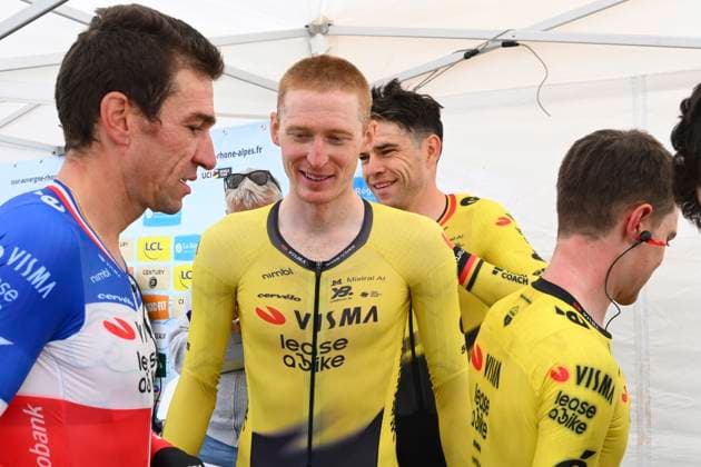 Tour Auvergne - Rhone-Alpes 2026 Stage 3 PERREUX, FRANCE - JUNE 09 : Armirail Bruno (FRA) of Team Visma Lease a Bike, Jorgenson Matteo (USA) of Team Visma Lease a Bike, Van Aert Wout (BEL) of Team Visma Lease a Bike during stage 3 of the 78th edition of Tour Auvergne - Rhone-Alpes an UCI World Tour 2.UWT Team Time Trial stage for Men Elite of 28.4 km with start in Perreux and finish in Perreux on June 9, 2026 in Perreux, France, 09 06 2026 ( Motordriver Guy De Vuyst - Perreux France  Copyright: xVincentxKalutx