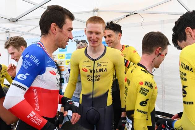 Tour Auvergne - Rhone-Alpes 2026 Stage 3 PERREUX, FRANCE - JUNE 09 : Armirail Bruno (FRA) of Team Visma Lease a Bike, Jorgenson Matteo (USA) of Team Visma Lease a Bike, Van Aert Wout (BEL) of Team Visma Lease a Bike during stage 3 of the 78th edition of Tour Auvergne - Rhone-Alpes an UCI World Tour 2.UWT Team Time Trial stage for Men Elite of 28.4 km with start in Perreux and finish in Perreux on June 9, 2026 in Perreux, France, 09 06 2026 ( Motordriver Guy De Vuyst - Perreux France  Copyright: xVincentxKalutx