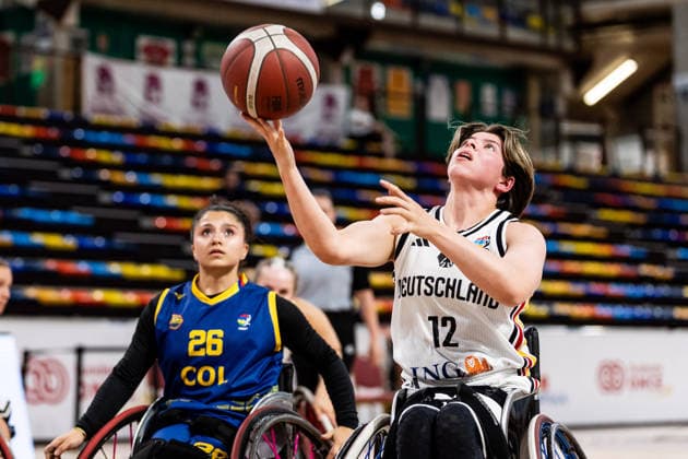 GUADALAJARA, SPAIN - JUNE 08: Annika Sonnleitner (Germany, 12) controls the ball against Caren Barreto (Colombia, 26) during the 2026 IWBF Women™s Repechage match between Angola vs. Germany at Palacio Multiusos de Guadalajara on June 08, 2026 in Guadalajara, Spain. Spain Copyright: xSteffiexWunderlx