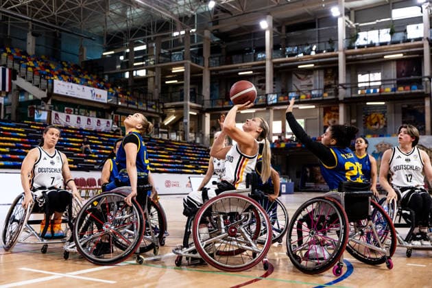GUADALAJARA, SPAIN - JUNE 08: Svenja Mayer (Germany, 13) shooting the ball against Caren Duenas (Colombia, 20) during the 2026 IWBF Women™s Repechage match between Angola vs. Germany at Palacio Multiusos de Guadalajara on June 08, 2026 in Guadalajara, Spain. Spain Copyright: xSteffiexWunderlx