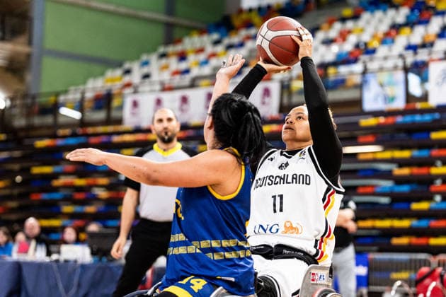 GUADALAJARA, SPAIN - JUNE 08: Roli-Ann Neubauer (Germany, 11) controls the ball against Gladys Gomez (Colombia, 14) during the 2026 IWBF Women™s Repechage match between Angola vs. Germany at Palacio Multiusos de Guadalajara on June 08, 2026 in Guadalajara, Spain. Spain Copyright: xSteffiexWunderlx