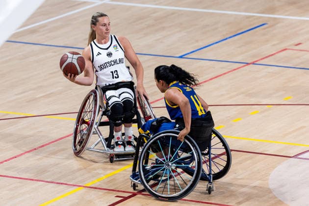 GUADALAJARA, SPAIN - JUNE 08: Svenja Mayer (Germany, 13) controls the ball against Leidy Gonzalez (Colombia, 11) during the 2026 IWBF Women™s Repechage match between Angola vs. Germany at Palacio Multiusos de Guadalajara on June 08, 2026 in Guadalajara, Spain. Spain Copyright: xSteffiexWunderlx