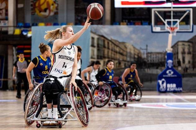 GUADALAJARA, SPAIN - JUNE 08: Lilly-Rose Sellak (Germany, 14) controls the ball during the 2026 IWBF Women™s Repechage match between Angola vs. Germany at Palacio Multiusos de Guadalajara on June 08, 2026 in Guadalajara, Spain. Spain Copyright: xSteffiexWunderlx