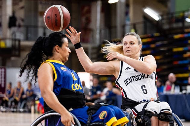GUADALAJARA, SPAIN - JUNE 08: Catharina Weiss (Germany, 6) controls the ball against Leidy Gonzalez (Colombia, 11) during the 2026 IWBF Women™s Repechage match between Angola vs. Germany at Palacio Multiusos de Guadalajara on June 08, 2026 in Guadalajara, Spain. Spain Copyright: xSteffiexWunderlx
