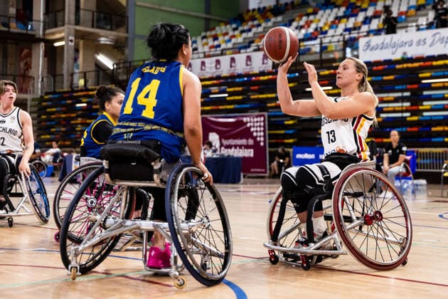GUADALAJARA, SPAIN - JUNE 08: Svenja Mayer (Germany, 13) controls the ball against Gladys Gomez (Colombia, 14) during the 2026 IWBF Women™s Repechage match between Angola vs. Germany at Palacio Multiusos de Guadalajara on June 08, 2026 in Guadalajara, Spain. Spain Copyright: xSteffiexWunderlx