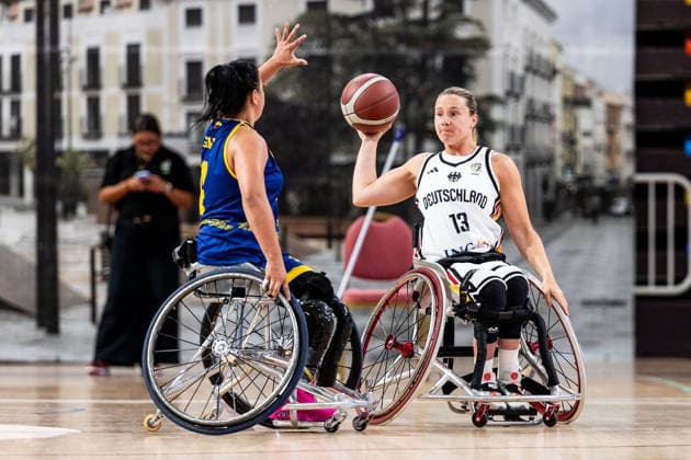 GUADALAJARA, SPAIN - JUNE 08: Svenja Mayer (Germany, 13) controls the ball against Gladys Gomez (Colombia, 14) during the 2026 IWBF Women™s Repechage match between Angola vs. Germany at Palacio Multiusos de Guadalajara on June 08, 2026 in Guadalajara, Spain. Spain Copyright: xSteffiexWunderlx
