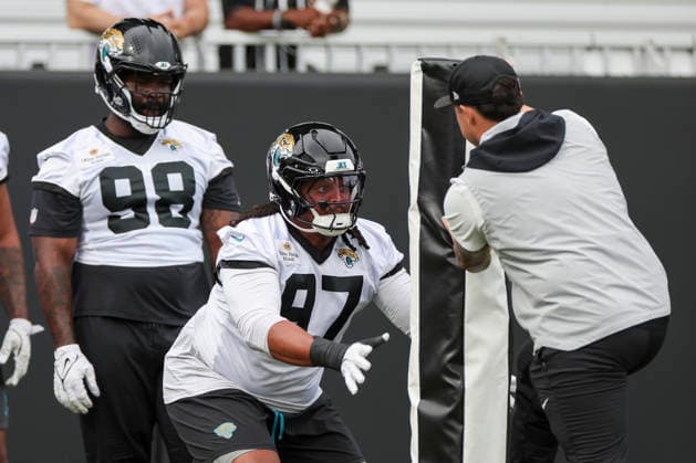 JACKSONVILLE, FL - JUNE 09: Jacksonville Jaguars defensive tackle Keivie Rose (97) works on a drill during Minicamp on June 9, 2026 at Miller Electric Center in Jacksonville, Fl. (Photo by David Rosenblum Icon Sportswire) NFL, American Football Herren, USA JUN 09 Jacksonville Jaguars Minicamp EDITORIAL USE ONLY Icon260609161099