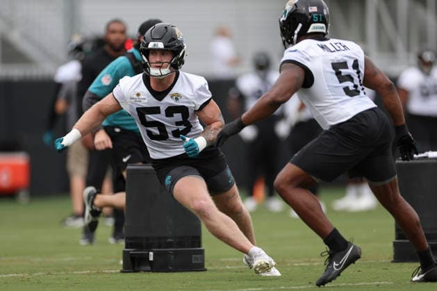 JACKSONVILLE, FL - JUNE 09: Jacksonville Jaguars linebacker Parker Hughes (53) works on a drill during Minicamp on June 9, 2026 at Miller Electric Center in Jacksonville, Fl. (Photo by David Rosenblum Icon Sportswire) NFL, American Football Herren, USA JUN 09 Jacksonville Jaguars Minicamp EDITORIAL USE ONLY Icon260609161566