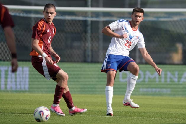 Latvia Faroe Islands Soccer, RÄ«ga, Latvia, 09.06.2026 Lukass Vapne and Jakup Andreasen in action during Baltic Cup game between Latvia and Faroe Islands national teams In Riga, Latvia, 09.06.2026. Photo: Roman Koksarov (RKF) RÄ«ga Latvia Copyright: xRomanxKoksarovx DSC00380.JPG