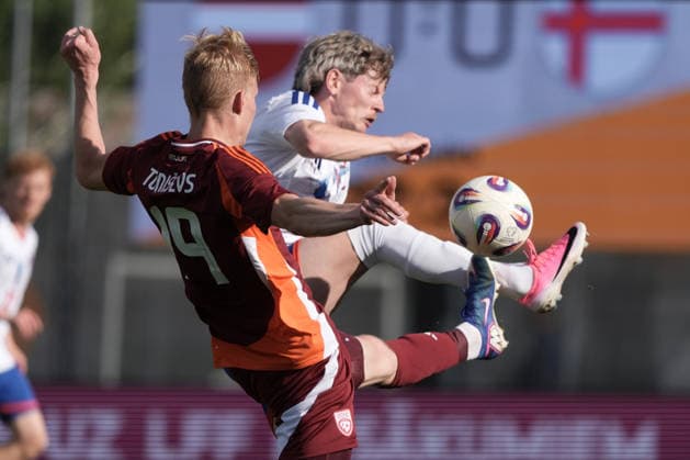 Latvia Faroe Islands Soccer, RÄ«ga, Latvia, 09.06.2026 Adrian Justinussen and Maksims Tonisevs in action during Baltic Cup game between Latvia and Faroe Islands national teams In Riga, Latvia, 09.06.2026. Photo: Roman Koksarov (RKF) RÄ«ga Latvia Copyright: xRomanxKoksarovx DSC00576.JPG