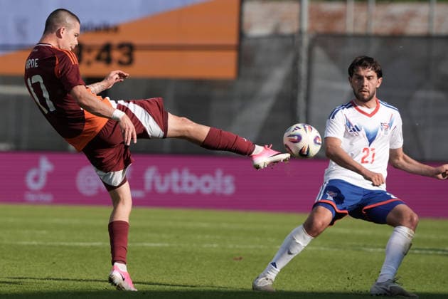 Latvia Faroe Islands Soccer, RÄ«ga, Latvia, 09.06.2026 Lukass Vapne and Geza David Turi in action during Baltic Cup game between Latvia and Faroe Islands national teams In Riga, Latvia, 09.06.2026. Photo: Roman Koksarov (RKF) RÄ«ga Latvia Copyright: xRomanxKoksarovx DSC00747.JPG
