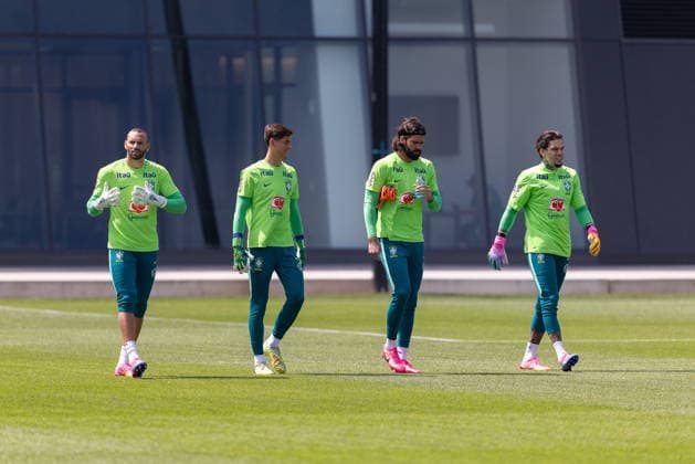 FIFA World Cup, WM, Weltmeisterschaft, Fussball 2026 preparations - Brazil training session Brazil s goalkeepers (L-R) Weverton, Leonardo Nannetti, Allison, and Ederson participate in a training session in Morris Township, New Jersey, USA, 09 June 2026. Brazil are drawn in Group C of the upcoming FIFA World Cup 2026 starting on 11 June 2026 and running 19 July 2026. Morris Township New Jersey United States  Copyright: xOLGAxFEDOROVAx