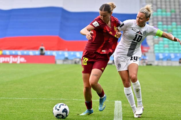 LJUBLJANA, SLOVENIA - JUNE 09: Dominika Conc of Slovenia (R) in action against Larissa Muhlhaus of Germany (L) during the UEFA Women’s European Qualifiers for 2027 World Cup match between Slovenia and Germany at Stadium Stozice, Ljubljana on June 09, 2026 in Ljubljana, Slovenia. (Photo by Igor Kupljenik Sports Press Photo).  Copyright: xIgorxKupljenikx xSPPx Sportspressphoto_SPR164040