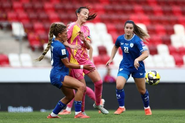 Itaf Alkisi of Israel Women and Caroline Weir of Scotland Women Israel Women v Scotland Women, FIFA 2027 Women s World Cup Qualifying, Football, Bozsnik Arena, Budapest, Hungary - 09 Jun 2026Budapest Bozsnik Arena Hungary EDITORIAL USE ONLY No use with unauthorised audio, video, data, fixture lists, club league logos or live services. Online in-match use limited to 120 images, no video emulation. No use in betting, games or single club league player publications.  Copyright: xNikolaxKrstic Shutterstockx 16911191ar