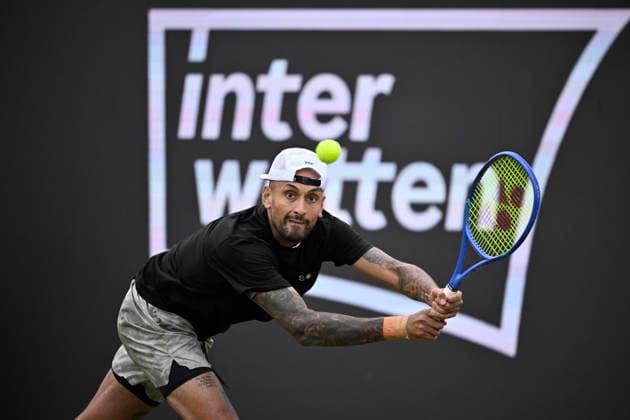 Nick Kyrgios (AUS) Aktion im Hintergrund Bandenwerbung Logo INTERWETTEN Tennis Herren BOSS Open ATP, Tennis Herren 250 Stuttgart 2026 Weissenhof BOSS Open ATP 250 Stuttgart 2026