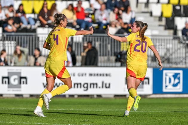 SOCCER WOMEN UEFA QUALIFIERS B4 MD6 LUXEMBURG VS BELGIUM Amber Tysiak (4) of Belgium scores 0-2 and Belgium celebrate during a women football game between the national teams of Luxemburg and Belgium , called the Red Flames , on the sixth match day in League B Group B4 in the league stage of the 2026-27 UEFA Women s European Qualifiers competition , on Tuesday 9 June 2026 in Esch-sur-Alzette , Luxemburg . PHOTO SPORTPIX Stijn Audooren Esch-sur-Alzette Stade de la Frontiere Luxemburg  Copyright: xSportpix.bex xStijnxAudoorenxStijnxAudoorenx