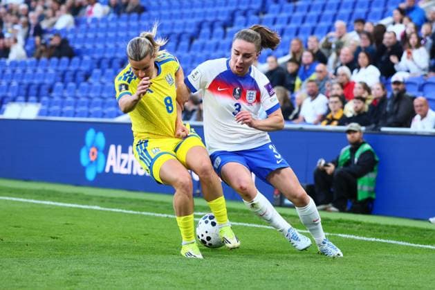 Marina Shayniuk of Ukraine and Niamh Charles of England England Women v Ukraine Women, FIFA 2027 Women s World Cup Qualifying, Football, Hill Dickinson Stadium, Liverpool, UK - 09 Jun 2026Liverpool Hill Dickinson Stadium United Kingdom EDITORIAL USE ONLY No use with unauthorised audio, video, data, fixture lists, club league logos or live services. Online in-match use limited to 120 images, no video emulation. No use in betting, games or single club league player publications.  Copyright: xPaulxCurrie Shutterstockx 16919205am