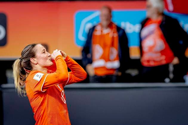 ALMELO - Netherlands player Wieke Kaptein scores the 1-0 and celebrates the goal during the World Cup Qualifiers at Asito Stadium on June 9, 2026 in Almelo, the Netherlands. (Photo by DeFodi Images) -