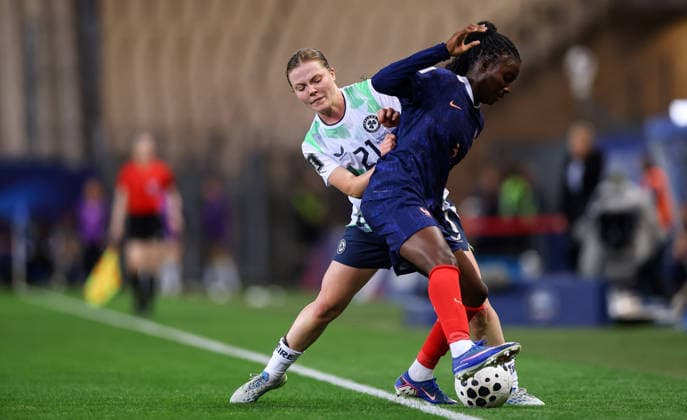 2027 FIFA Women s World Cup Qualifier, Stade des Alpes, Grenoble, France 9 6 2026 France vs Republic of Ireland Ireland s Emily Murphy with Thiniba Samoura of France Emily Murphy with Thiniba Samoura 9 6 2026  Copyright: x INPHO BenxBradyx BB3_0369