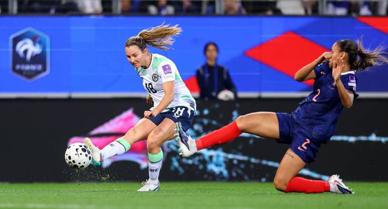2027 FIFA Women s World Cup Qualifier, Stade des Alpes, Grenoble, France 9 6 2026 France vs Republic of Ireland Ireland s Kyra Carusa shoots under pressure from MaÃ«lle Lakrar of France Kyra Carusa shoots under pressure from MaÃ«lle Lakrar 9 6 2026  Copyright: x INPHO BenxBradyx BB3_0505