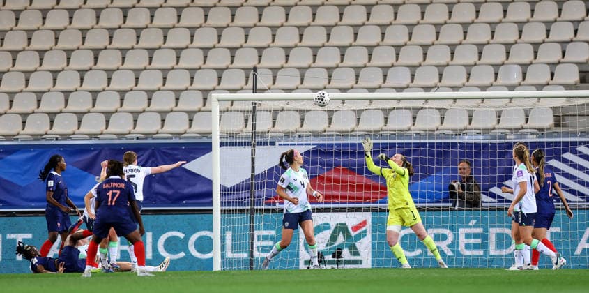 2027 FIFA Women s World Cup Qualifier, Stade des Alpes, Grenoble, France 9 6 2026 France vs Republic of Ireland France s Melvine Malard scores her sides first goal past goalkeeper Courtney Brosnan of Ireland Melvine Malard scores her sides first goal past goalkeeper Courtney Brosnan 9 6 2026  Copyright: x INPHO BenxBradyx BB3_0109