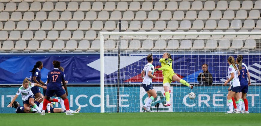 2027 FIFA Women s World Cup Qualifier, Stade des Alpes, Grenoble, France 9 6 2026 France vs Republic of Ireland France s Melvine Malard scores her sides first goal past goalkeeper Courtney Brosnan of Ireland Melvine Malard scores her sides first goal past goalkeeper Courtney Brosnan 9 6 2026  Copyright: x INPHO BenxBradyx BB3_0115