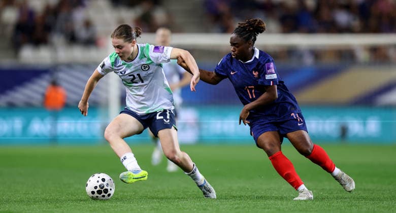 2027 FIFA Women s World Cup Qualifier, Stade des Alpes, Grenoble, France 9 6 2026 France vs Republic of Ireland Ireland s Emily Murphy and Sandy Baltimore of France Emily Murphy and Sandy Baltimore 9 6 2026  Copyright: x INPHO BenxBradyx BB3_0993