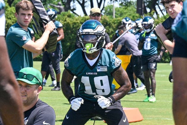 PHILADELPHIA, PA - JUNE 09: Philadelphia Eagles wide receiver Elijah Moore 19 is shown during the Philadelphia Eagles off season minicamp on June 9th, 2026 at the Jefferson Health Training Complex in Philadelphia, PA. (Photo by Terence Lewis Icon Sportswire) NFL, American Football Herren, USA JUN 09 Philadelphia Eagles Minicamp EDITORIAL USE ONLY Icon260609019