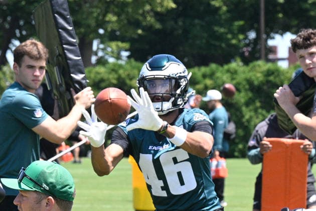PHILADELPHIA, PA - JUNE 09: Philadelphia Eagles wide receiver Samori Toure 46 is shown during the Philadelphia Eagles off season minicamp on June 9th, 2026 at the Jefferson Health Training Complex in Philadelphia, PA. (Photo by Terence Lewis Icon Sportswire) NFL, American Football Herren, USA JUN 09 Philadelphia Eagles Minicamp EDITORIAL USE ONLY Icon260609029