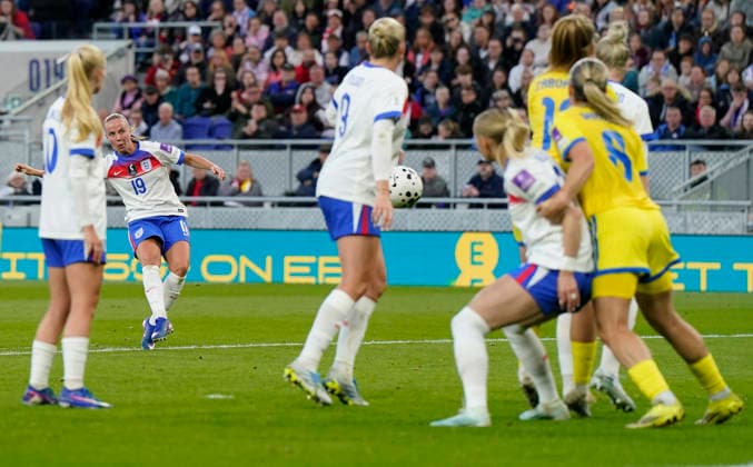 Liverpool, England, 9th June 2026. Beth Meed of England scores the third goal during the England Women vs Ukraine Women FIFA Women s World Cup Qualifying match at Hill Dickinson Stadium, Liverpool. Picture credit should read: Andrew Yates Sportimage EDITORIAL USE ONLY. No use with unauthorised audio, video, data, fixture lists, club league logos or live services. Online in-match use limited to 120 images, no video emulation. No use in betting, games or single club league player publications. SPI_018_AY_ENG_UKRAINE SPI-4844-0018