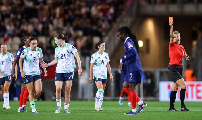2027 FIFA Women s World Cup Qualifier, Stade des Alpes, Grenoble, France 9 6 2026 France vs Republic of Ireland France s Thiniba Samoura is shown a red card after receiving a second yellow Thiniba Samoura is shown a red card after receiving a second yellow 9 6 2026  Copyright: x INPHO BenxBradyx BB3_2446