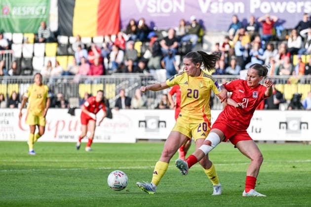 SOCCER WOMEN UEFA QUALIFIERS B4 MD6 LUXEMBURG VS BELGIUM Marie Detruyer (20) of Belgium and Aina Fernandez Berenguer (21) of Luxemburg pictured during a women football game between the national teams of Luxemburg and Belgium , called the Red Flames , on the sixth match day in League B Group B4 in the league stage of the 2026-27 UEFA Women s European Qualifiers competition , on Tuesday 9 June 2026 in Esch-sur-Alzette , Luxemburg . PHOTO SPORTPIX Stijn Audooren Esch-sur-Alzette Stade de la Frontiere Luxemburg  Copyright: xSportpix.bex xStijnxAudoorenxStijnxAudoorenx