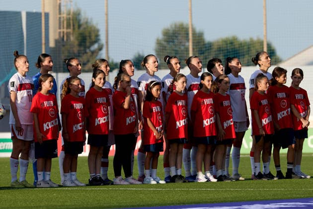 Turkiye women players stand with players escorts during the playing of their country™s national anthem ahead of the UEFA Women™s European Qualifiers League B, Group B2 soccer match between Malta and Turkiye at the Centenary Stadium in Ta™ Qali, Malta, on 09 June 2026. UEFA Women™s European Qualifiers - Malta v Turkiye