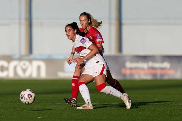 Fatma Sakar (front) of Turkiye is followed by Rachael Cuschieri of Malta during the UEFA Women™s European Qualifiers League B, Group B2 soccer match between Malta and Turkiye at the Centenary Stadium in Ta™ Qali, Malta, on 09 June 2026. UEFA Women™s European Qualifiers - Malta v Turkiye