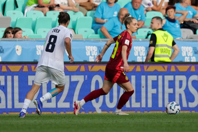 09.06.2026, xgrfx, Fussball WM Qualifikation Frauen, Slowenien - Deutschland v.l. Mateja Zver (Slowenien), Sophia Kleinherne (Deutsche Frauennationalmannschaft) (DFL DFB REGULATIONS PROHIBIT ANY USE OF PHOTOGRAPHS as IMAGE SEQUENCES and or QUASI-VIDEO) Ljubljana